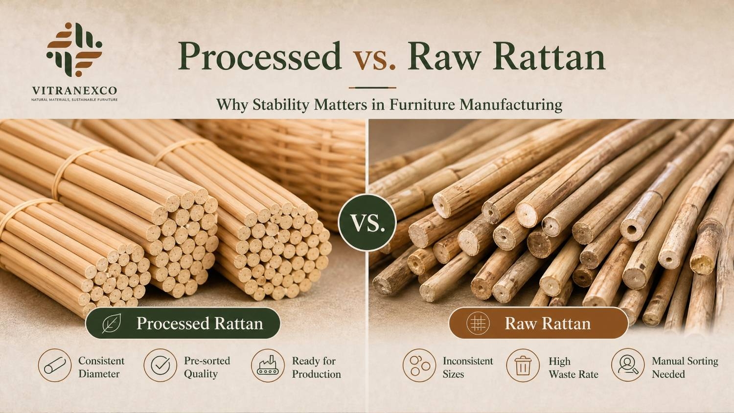 Processed Vietnamese rattan core and peel neatly organized in factory warehouse showcasing material uniformity