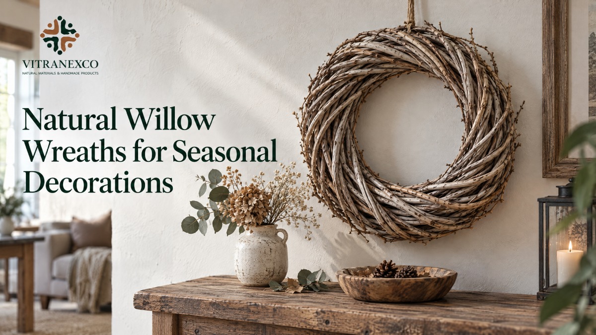 Natural Vietnamese handwoven willow branch wreaths for seasonal decor and rustic wall art banner